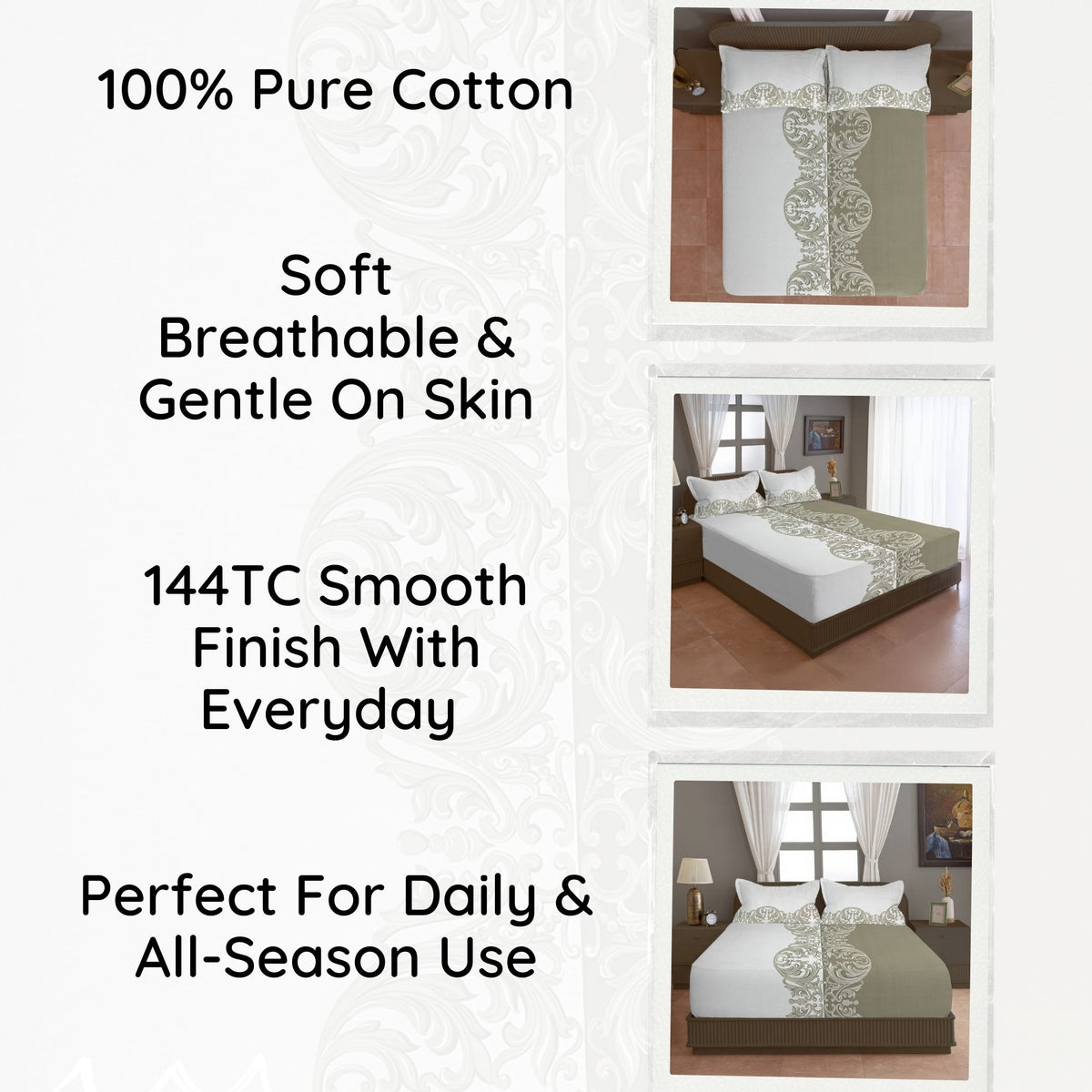 Sage Baroque Elegance 144 TC Pure Cotton Bedsheet Set with Pillow Cover