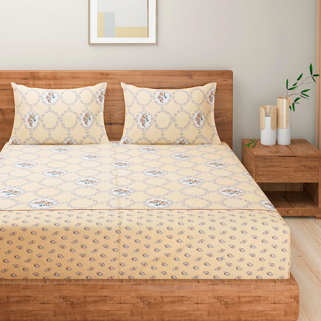 Champagne Floral Medallion 144 TC Pure Cotton Bedsheet Set with Pillow Cover