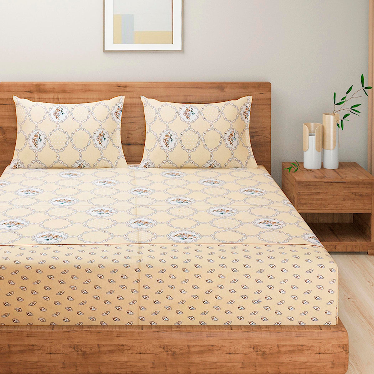 Champagne Floral Medallion 144 TC Pure Cotton Bedsheet Set with Pillow Cover