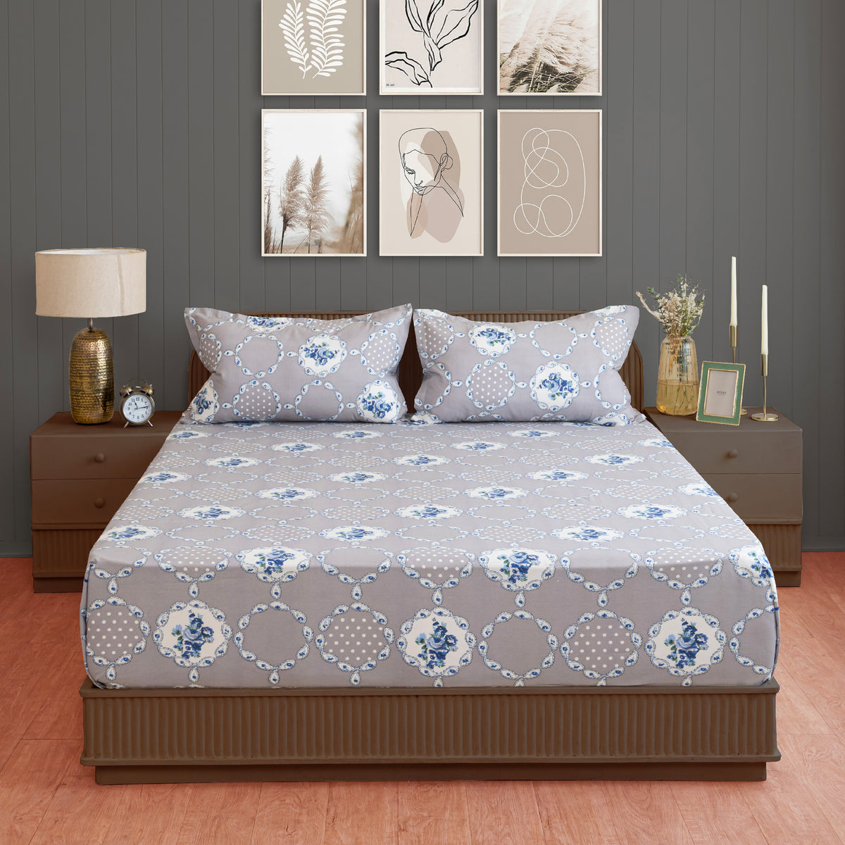 Dove Blue Medallion Garden 144 TC Pure Cotton Bedsheet Set with Pillow Cover