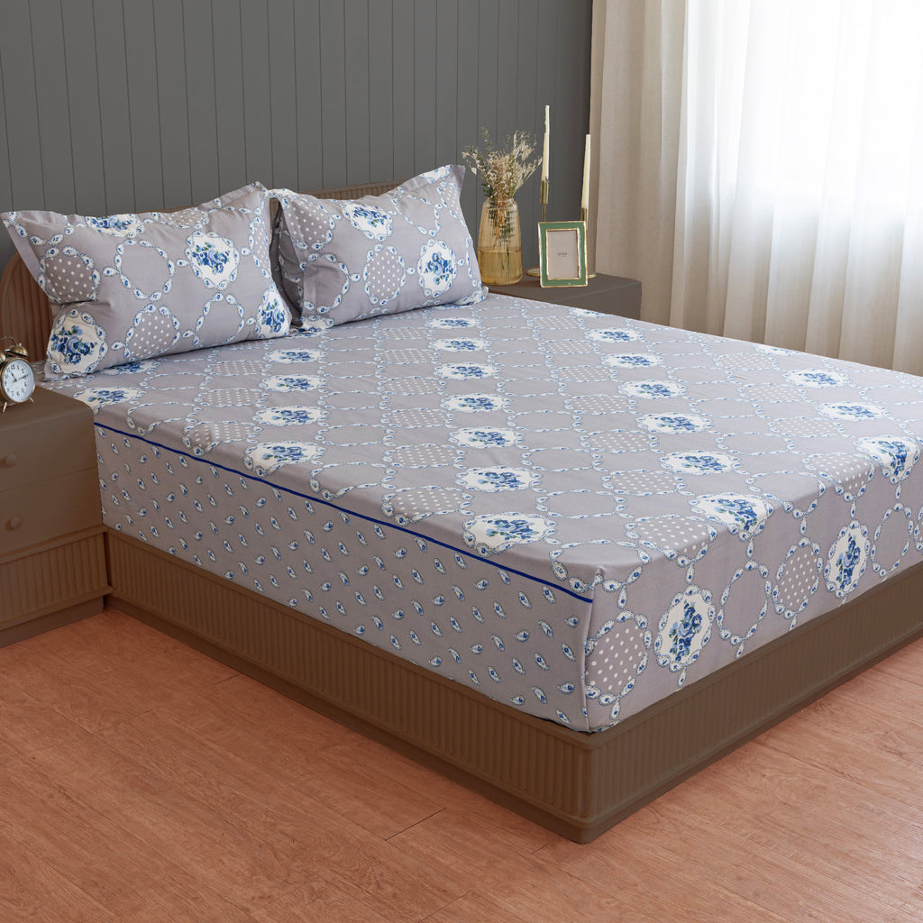 Dove Blue Medallion Garden 144 TC Pure Cotton Bedsheet Set with Pillow Cover