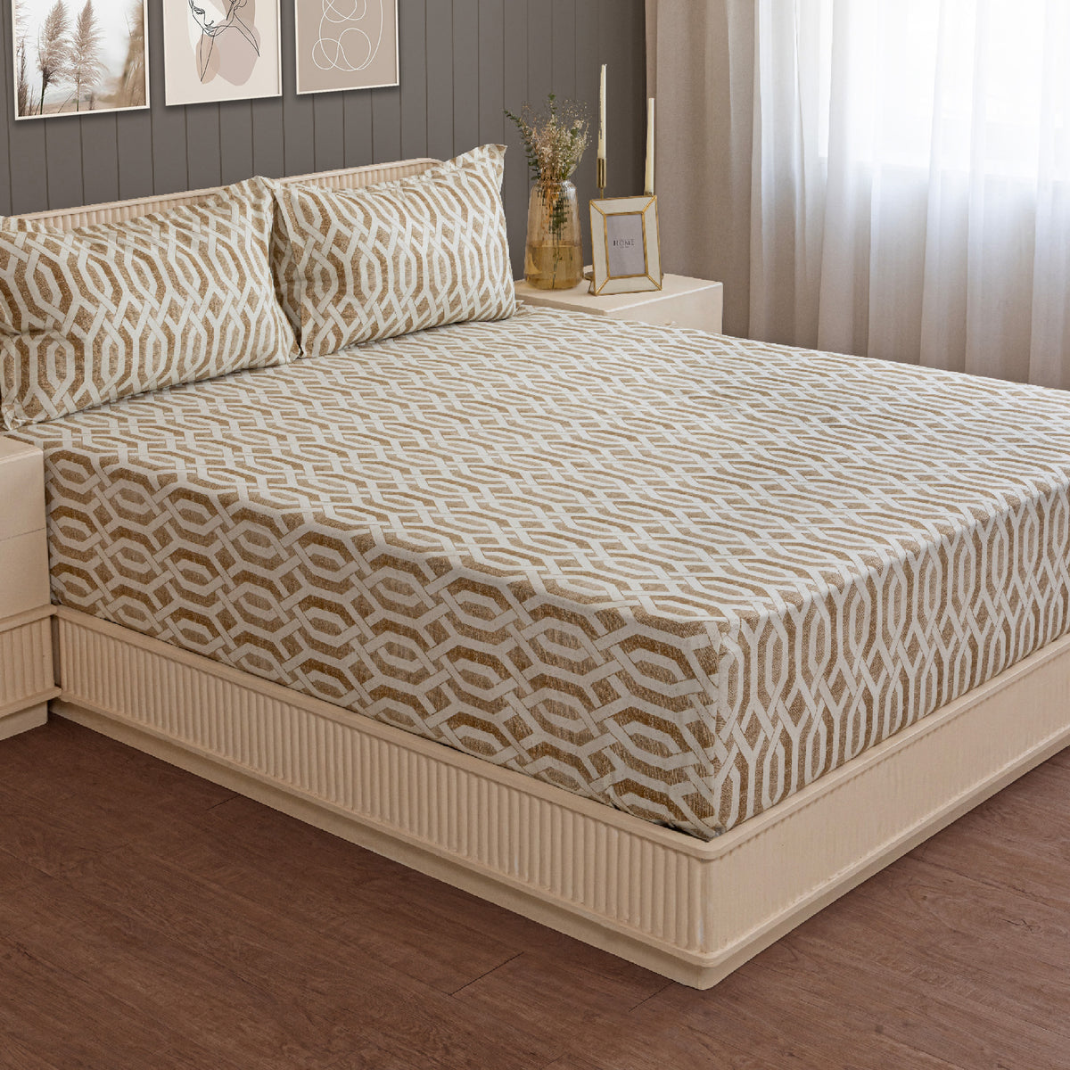 Sandstone Geometric Links 144 TC Pure Cotton Bedsheet Set with Pillow Cover