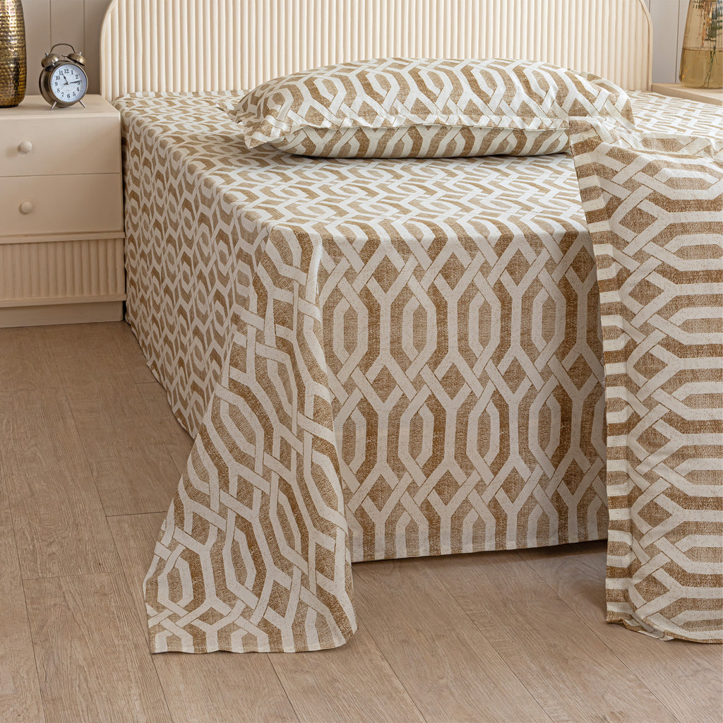 Sandstone Geometric Links 144 TC Pure Cotton Bedsheet Set with Pillow Cover