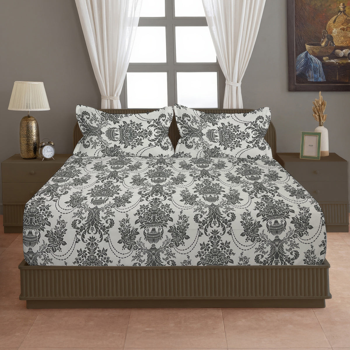 Charcoal Victorian Damask 144 TC Pure Cotton Bedsheet Set with Pillow Cover