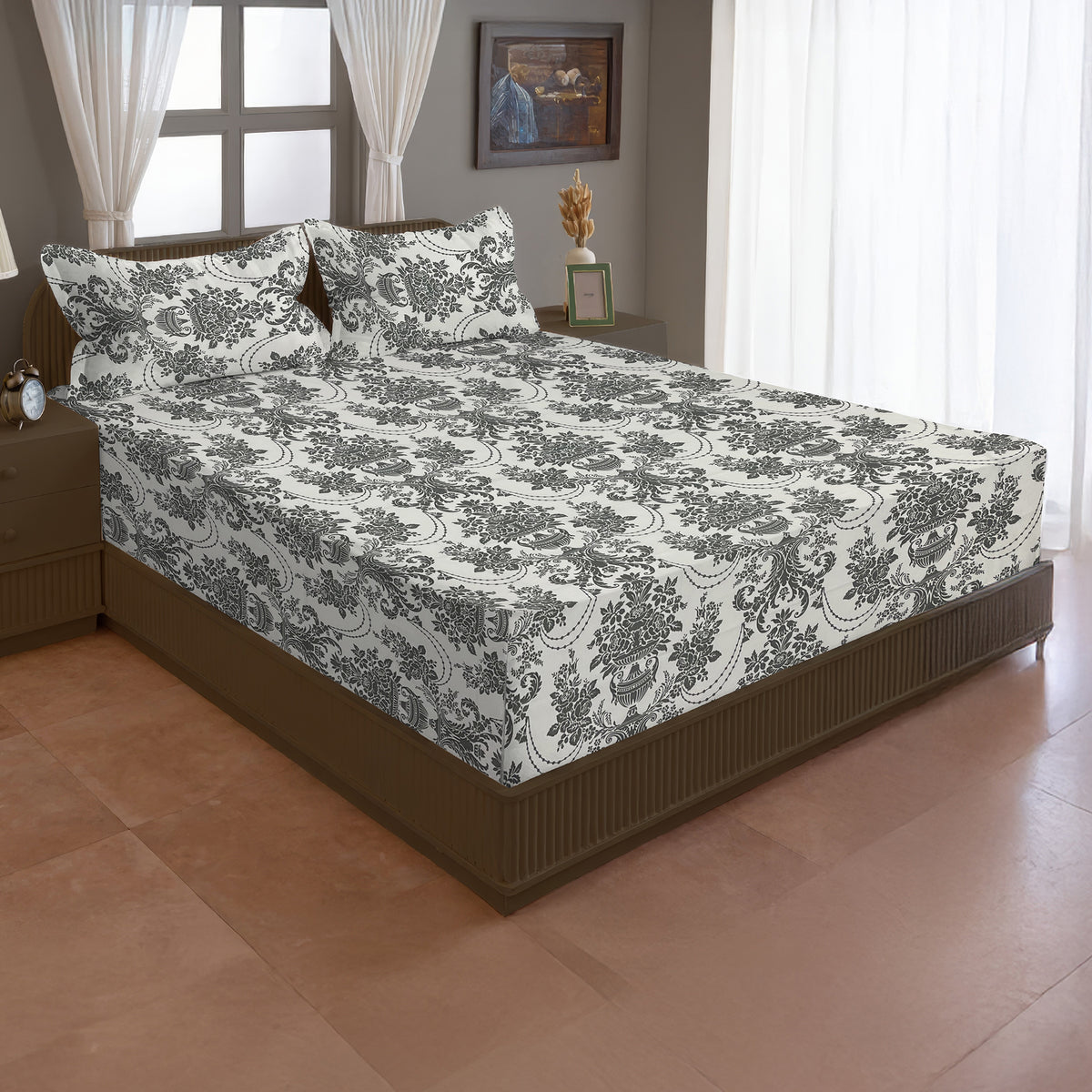 Charcoal Victorian Damask 144 TC Pure Cotton Bedsheet Set with Pillow Cover