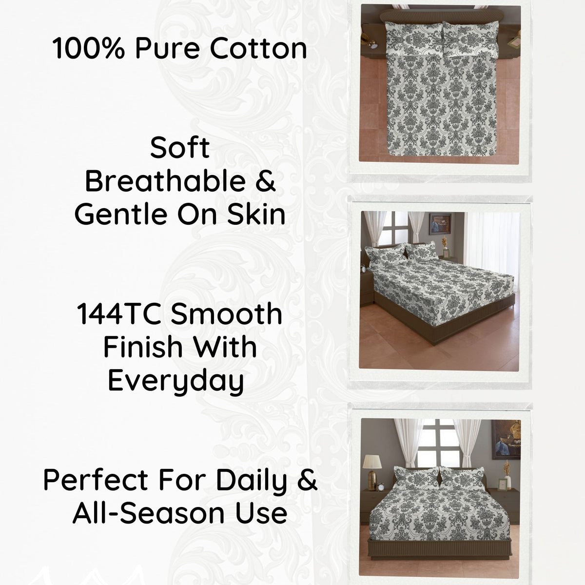 Charcoal Victorian Damask 144 TC Pure Cotton Bedsheet Set with Pillow Cover