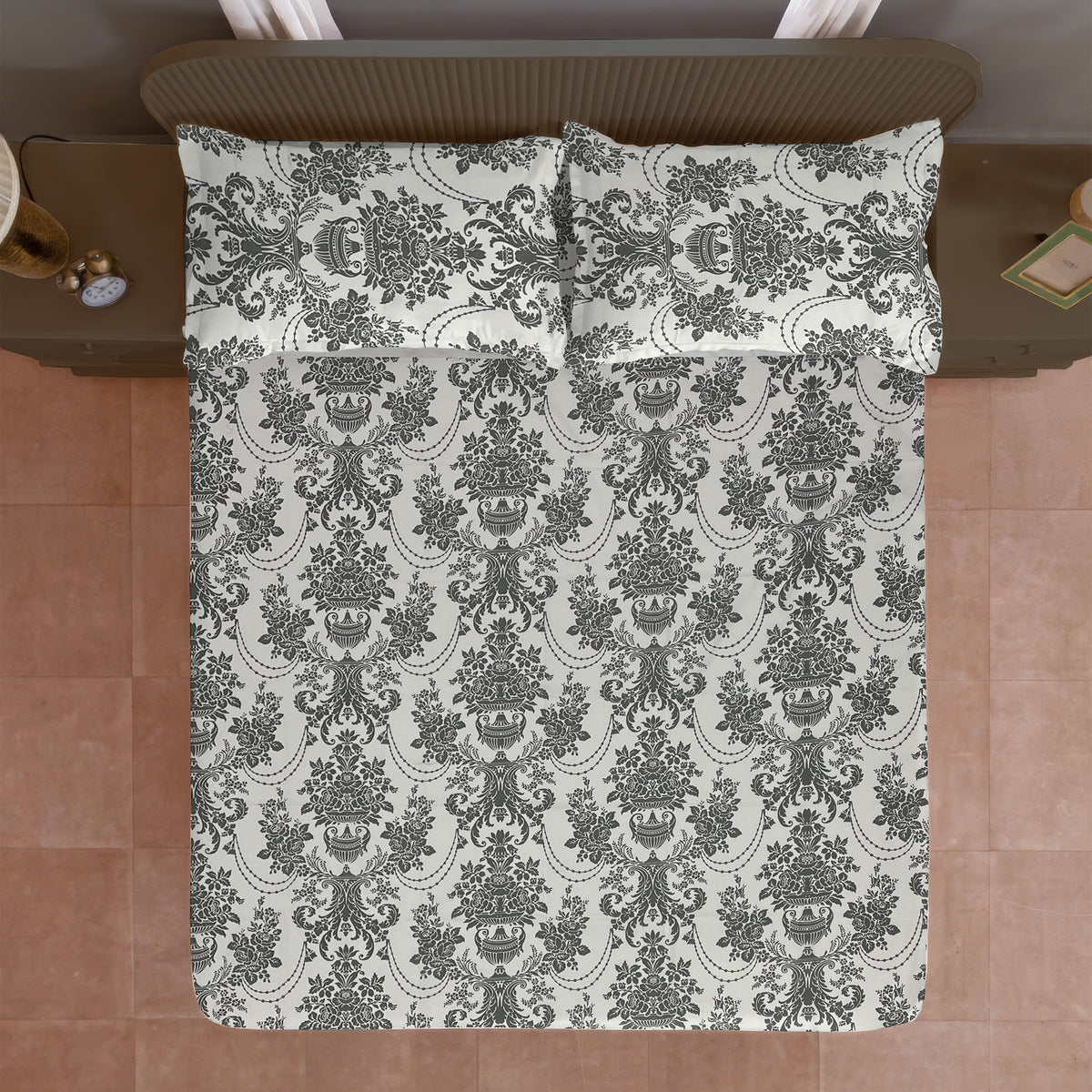 Charcoal Victorian Damask 144 TC Pure Cotton Bedsheet Set with Pillow Cover