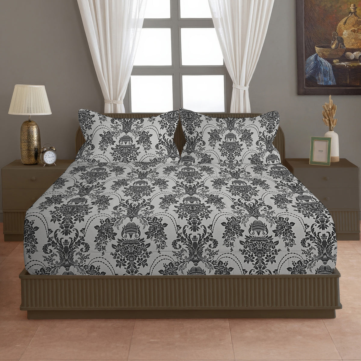 Charcoal Royal Damask 144 TC Pure Cotton Bedsheet Set with Pillow Cover