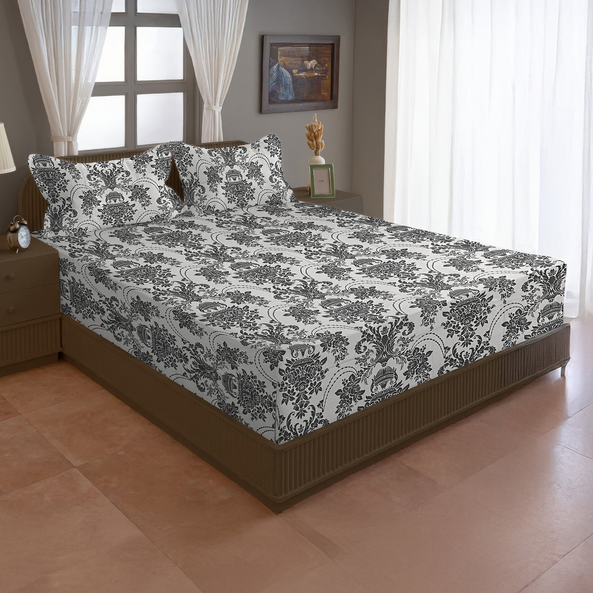 Charcoal Royal Damask 144 TC Pure Cotton Bedsheet Set with Pillow Cover
