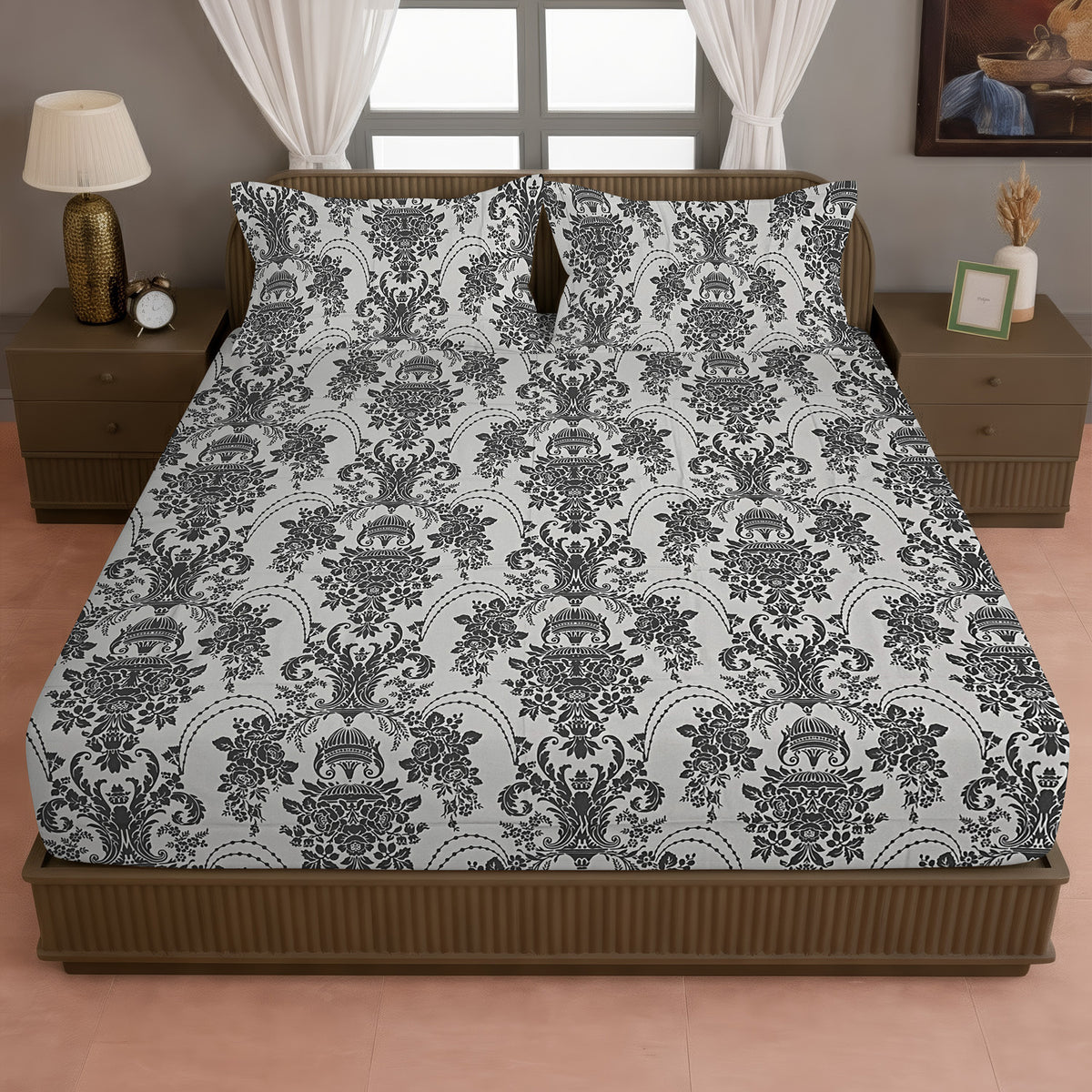Charcoal Royal Damask 144 TC Pure Cotton Bedsheet Set with Pillow Cover