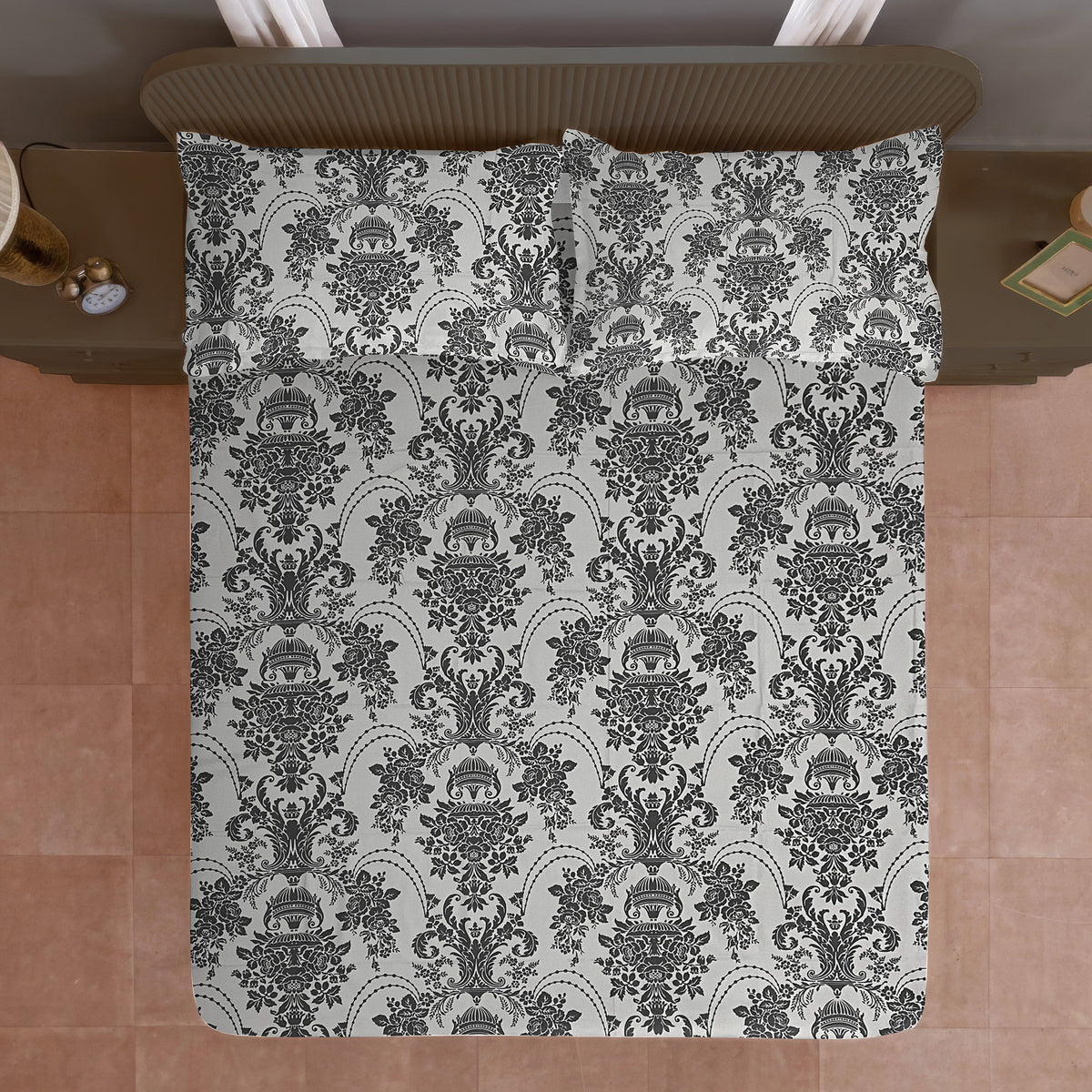Charcoal Royal Damask 144 TC Pure Cotton Bedsheet Set with Pillow Cover