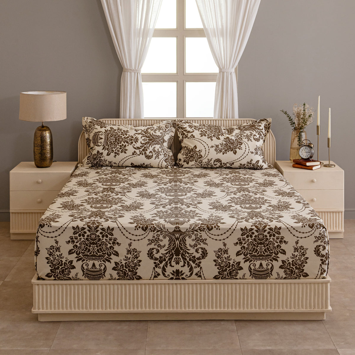 Mocha Victorian Damask 144 TC Pure Cotton Bedsheet Set with Pillow Cover