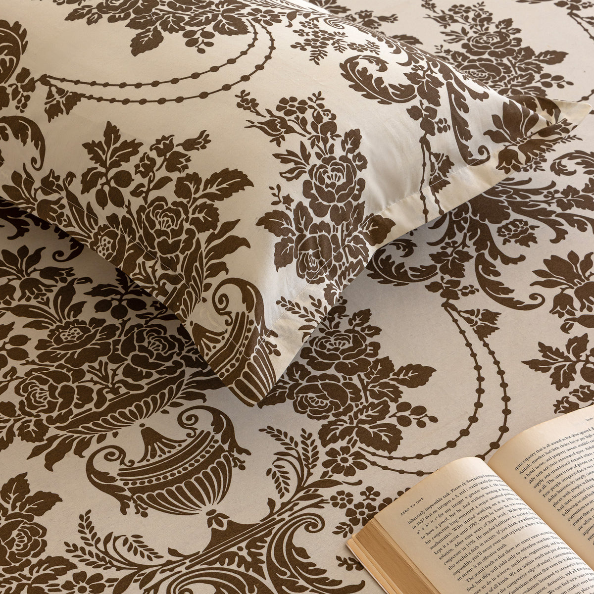 Mocha Victorian Damask 144 TC Pure Cotton Bedsheet Set with Pillow Cover
