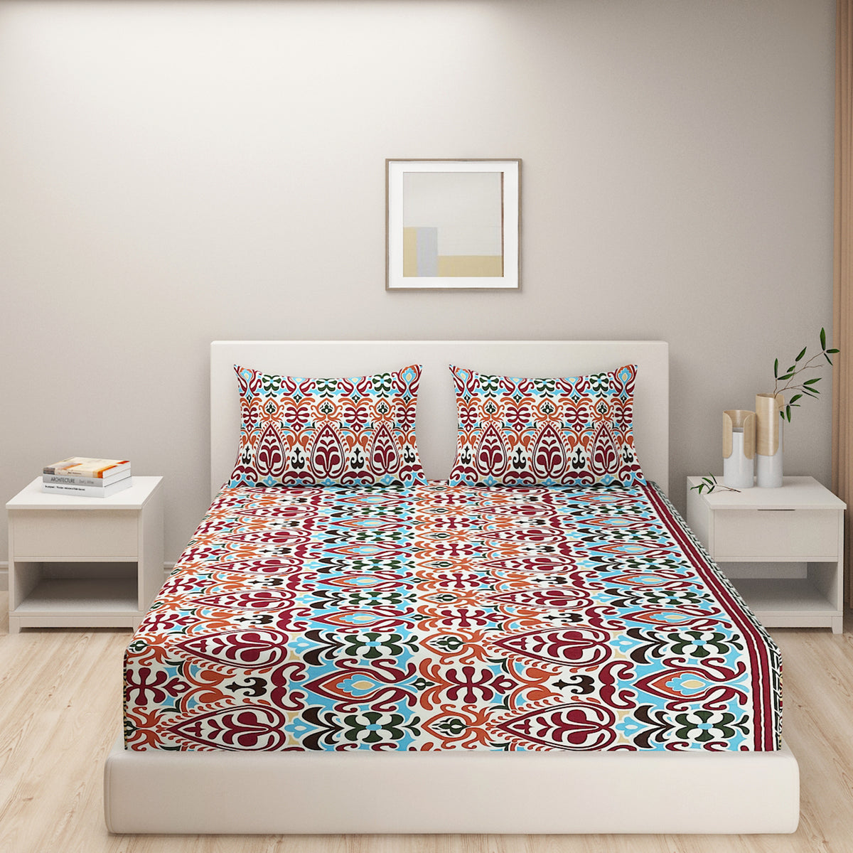 Crimson Ethnic Mosaic 144 TC Pure Cotton Bedsheet Set with Pillow Cover