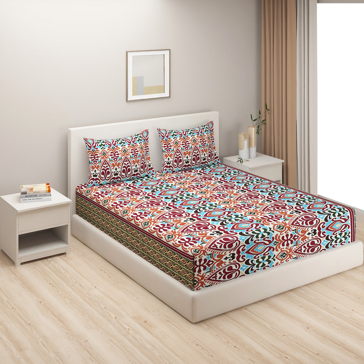 Crimson Ethnic Mosaic 144 TC Pure Cotton Bedsheet Set with Pillow Cover