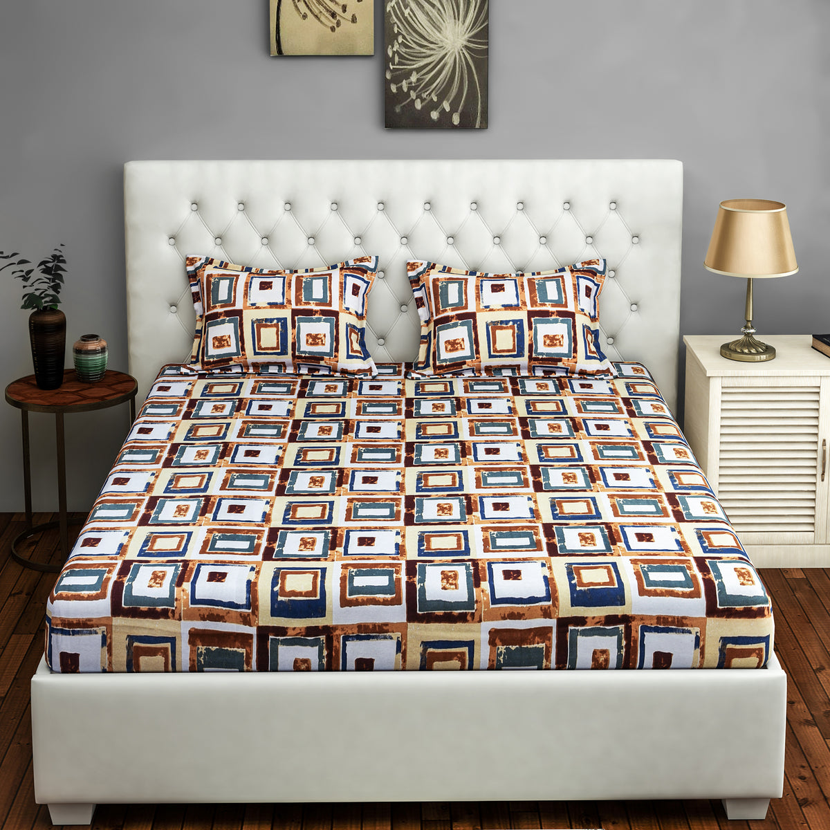 Ivory Rust Retro Squares 144 TC Pure Cotton Bedsheet Set with Pillow Cover