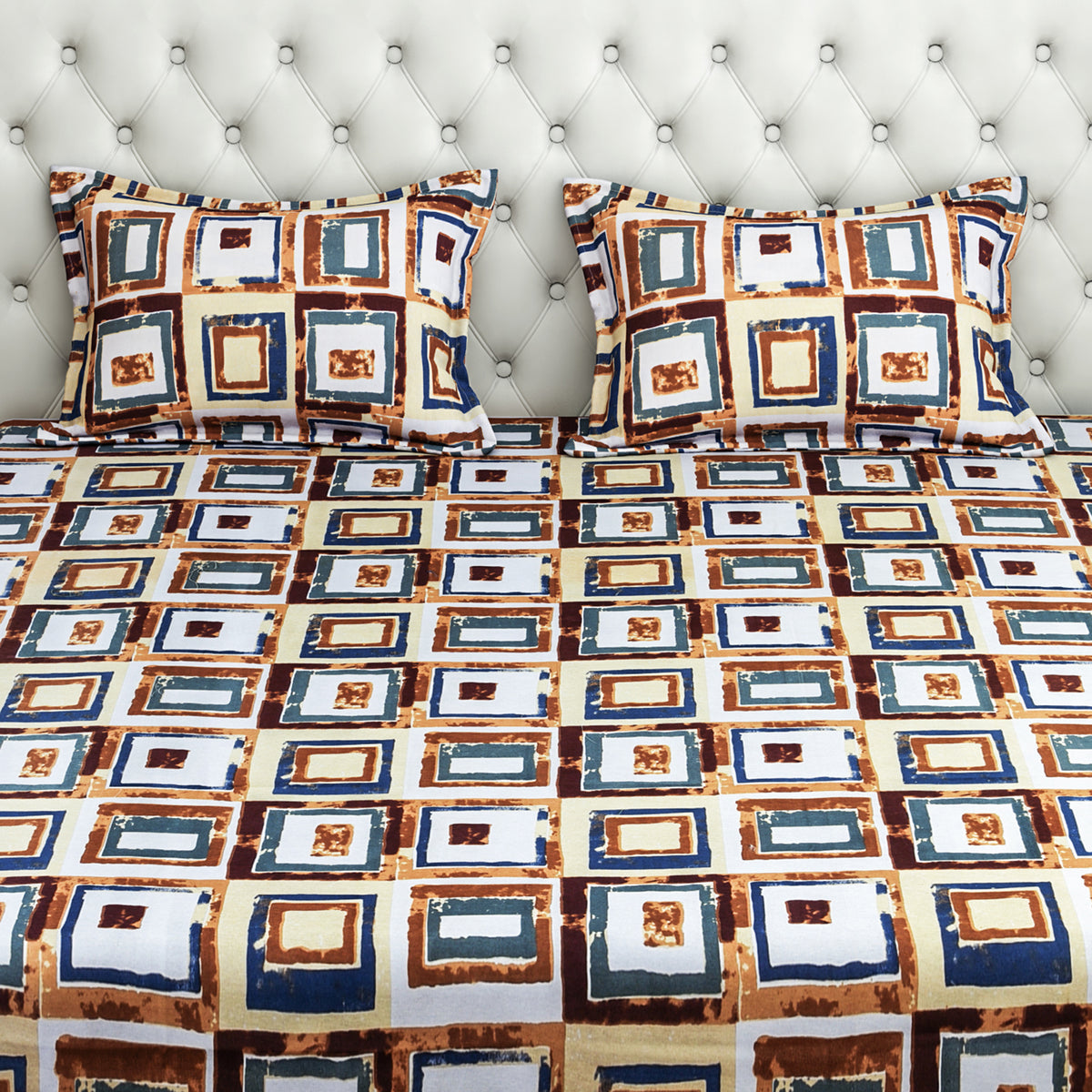 Ivory Rust Retro Squares 144 TC Pure Cotton Bedsheet Set with Pillow Cover