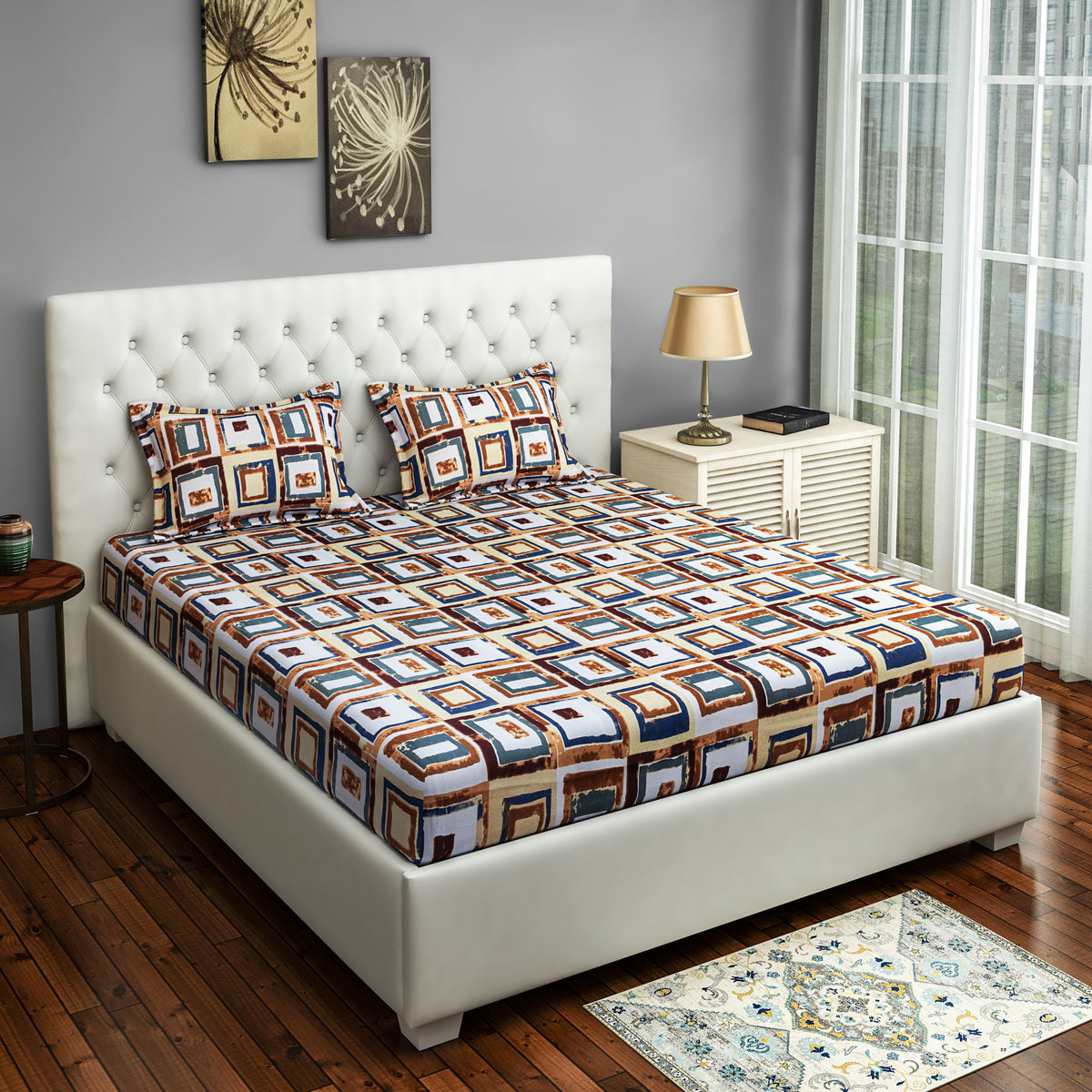 Ivory Rust Retro Squares 144 TC Pure Cotton Bedsheet Set with Pillow Cover
