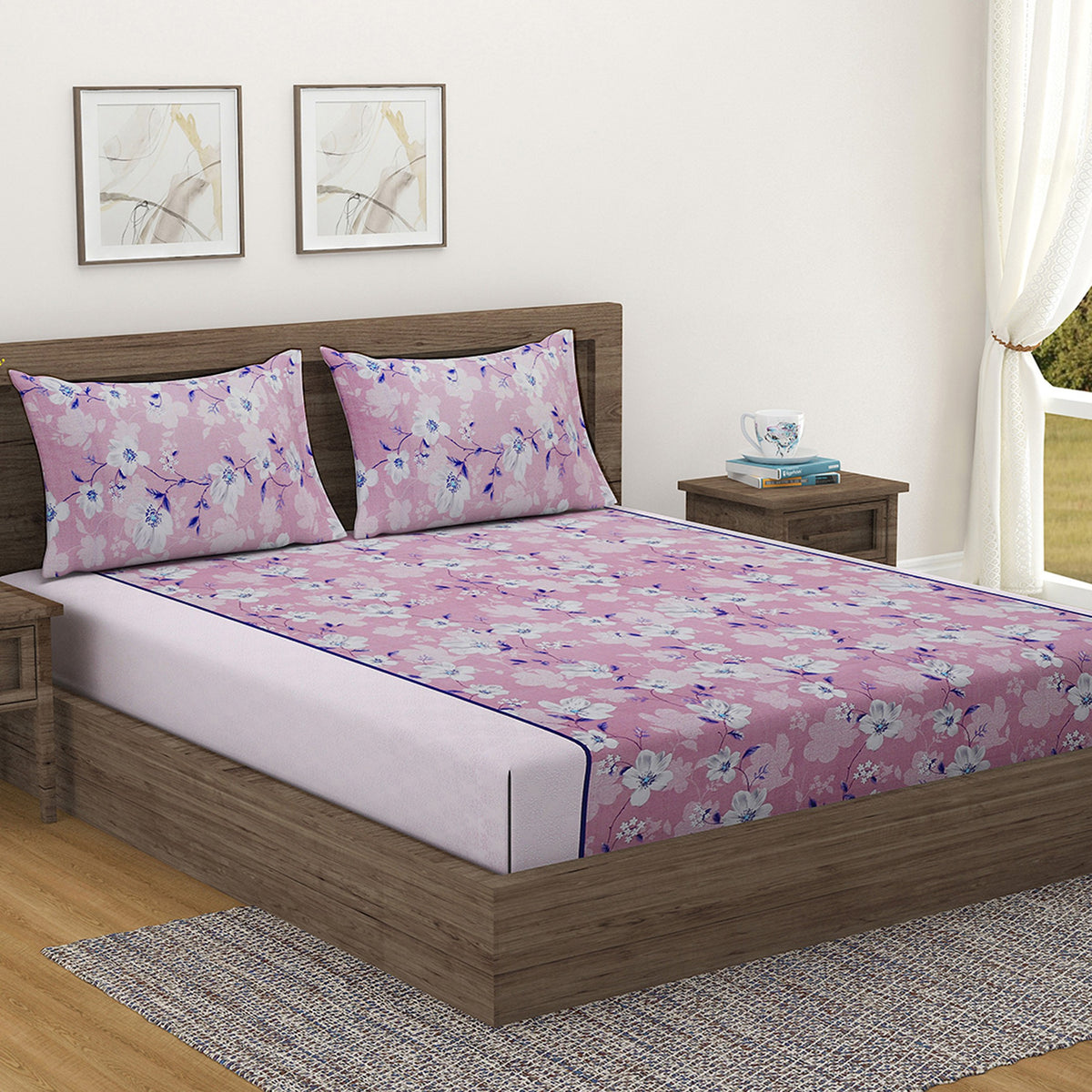 Sage Magnolia Garden 144 TC Pure Cotton Bedsheet Set with Pillow Cover
