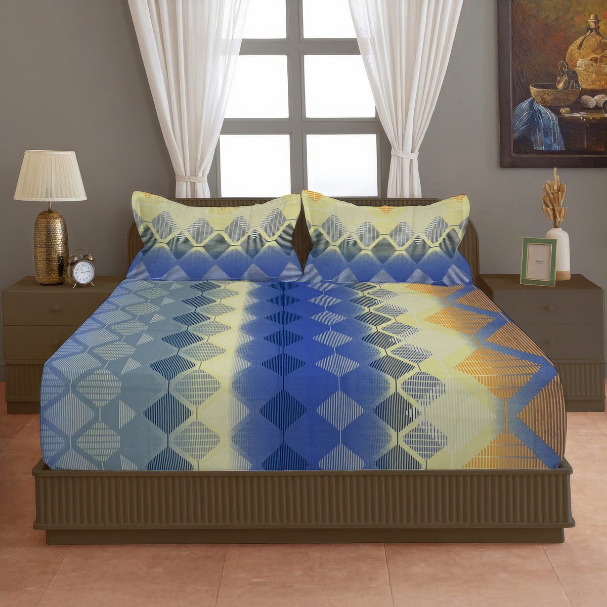 Mocha Tropical Palm 144 TC Pure Cotton Bedsheet Set with Pillow Cover