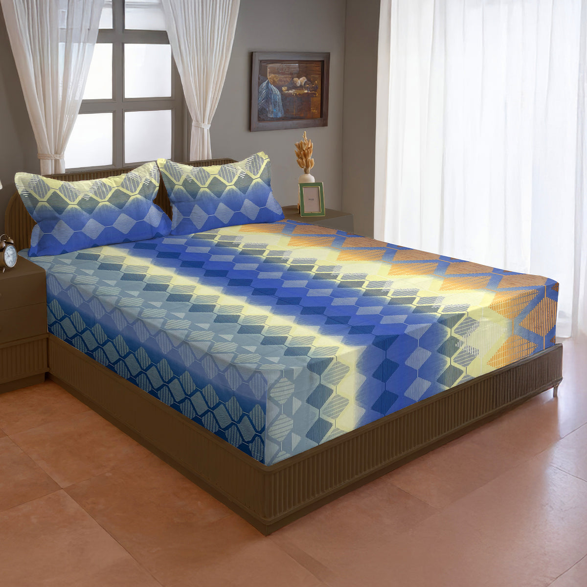 Mocha Tropical Palm 144 TC Pure Cotton Bedsheet Set with Pillow Cover