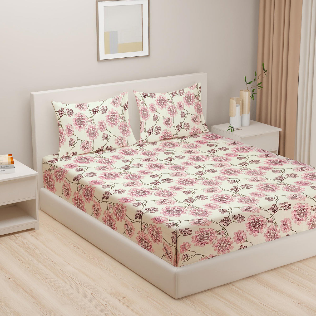 Blush Blossom Vine 144 TC Pure Cotton Bedsheet Set with Pillow Cover