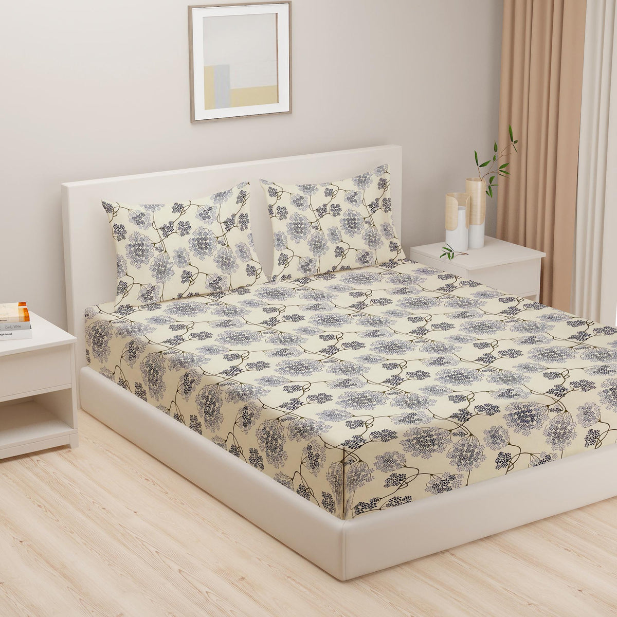 Indigo Blossom Vine 144 TC Pure Cotton Bedsheet Set with Pillow Cover