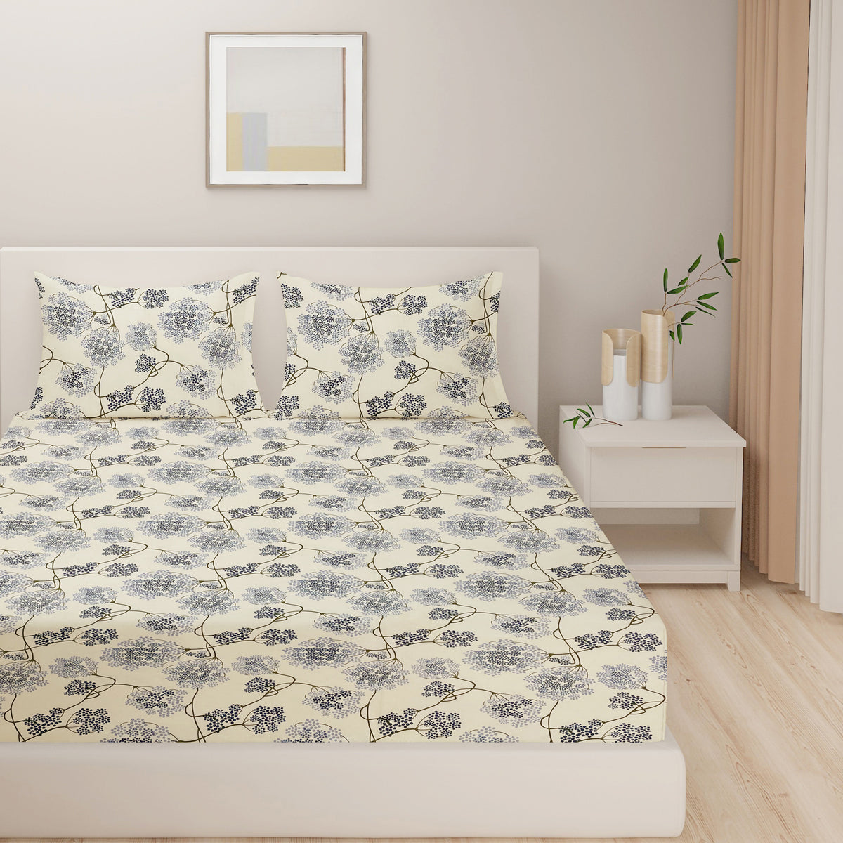 Indigo Blossom Vine 144 TC Pure Cotton Bedsheet Set with Pillow Cover