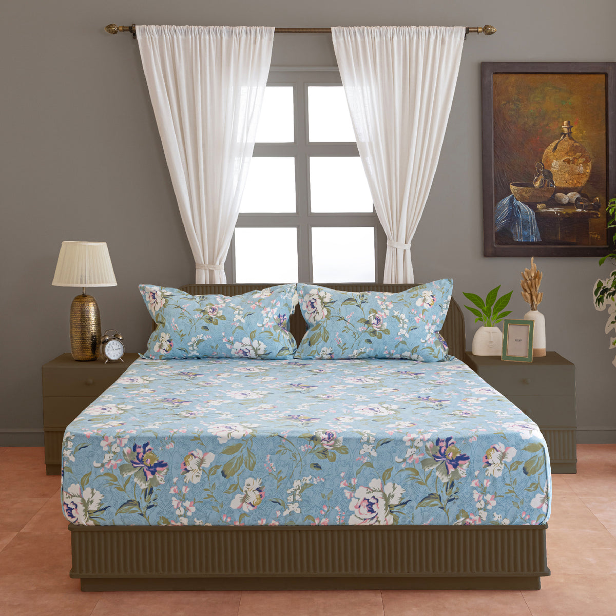 Sky Blue Floral Meadow 144 TC Pure Cotton Bedsheet Set with Pillow Cover