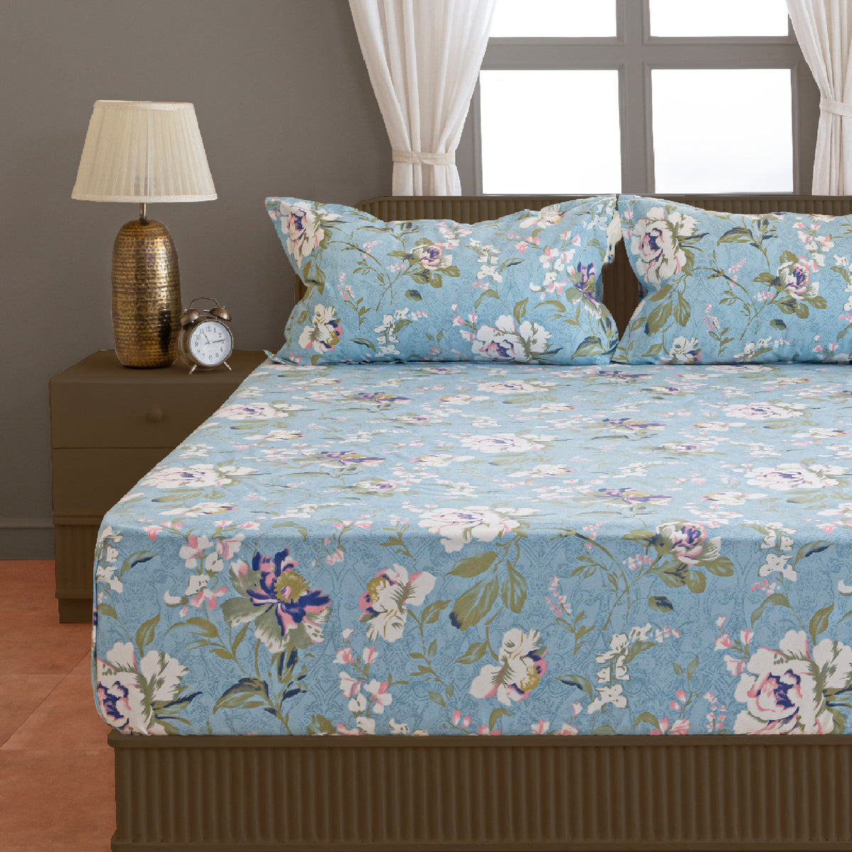 Sky Blue Floral Meadow 144 TC Pure Cotton Bedsheet Set with Pillow Cover