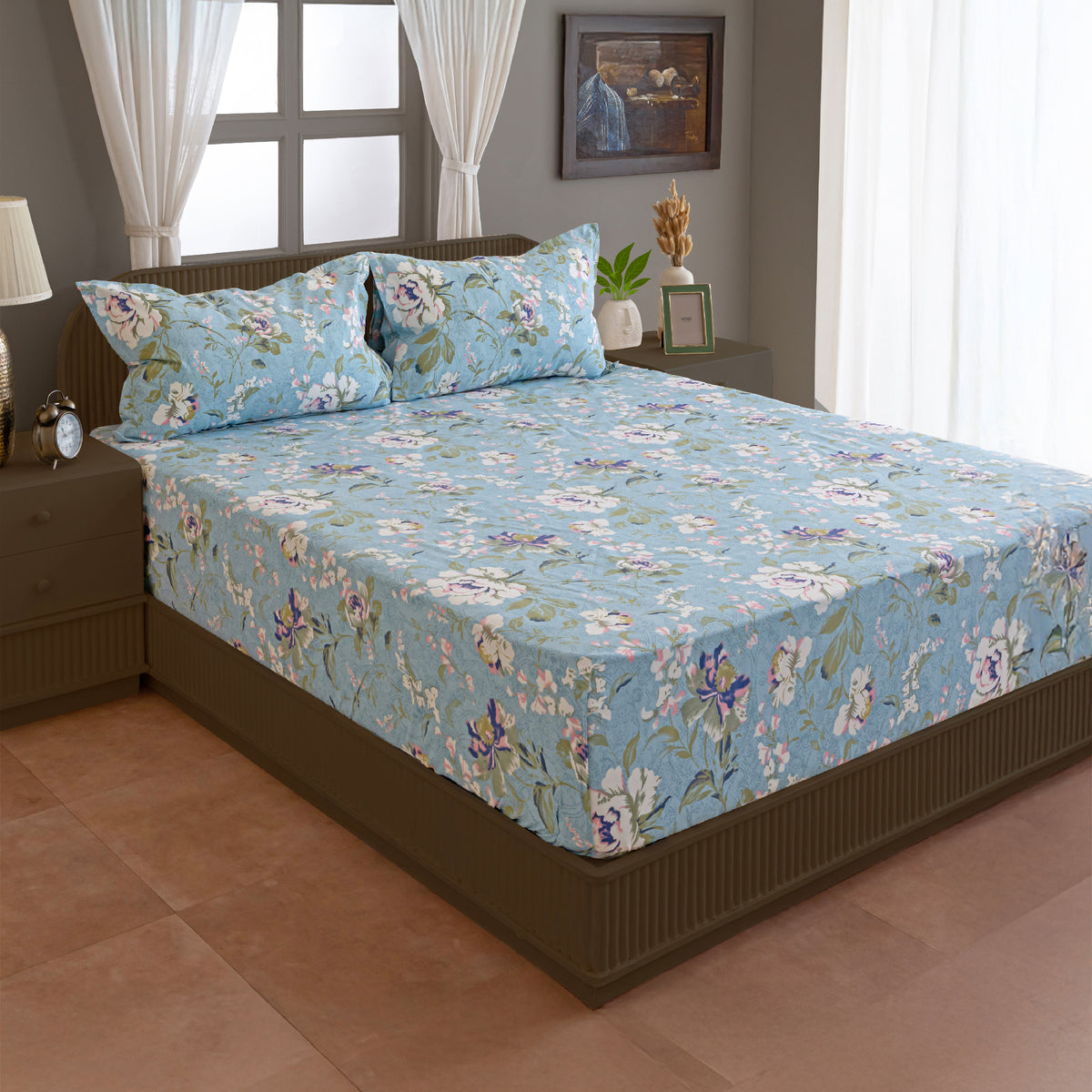 Sky Blue Floral Meadow 144 TC Pure Cotton Bedsheet Set with Pillow Cover