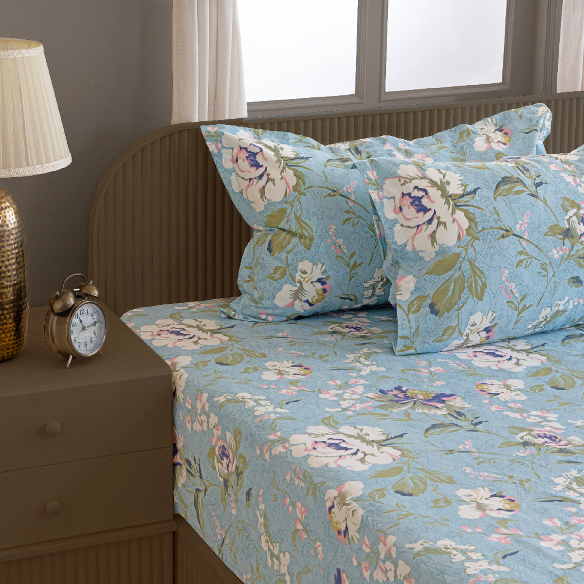 Sky Blue Floral Meadow 144 TC Pure Cotton Bedsheet Set with Pillow Cover