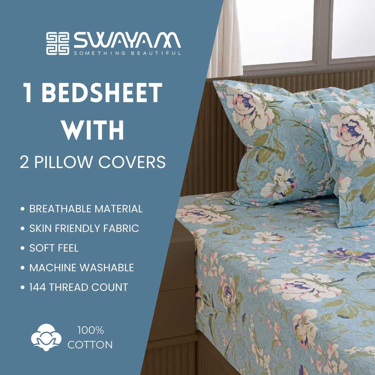 Sky Blue Floral Meadow 144 TC Pure Cotton Bedsheet Set with Pillow Cover