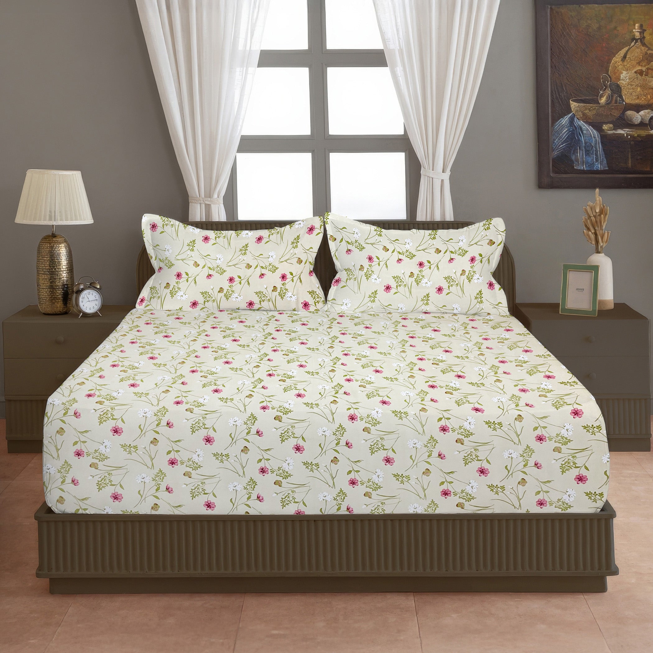 Brown Botanical Printed Microfiber Double Queen Bedsheet with Pillow cover