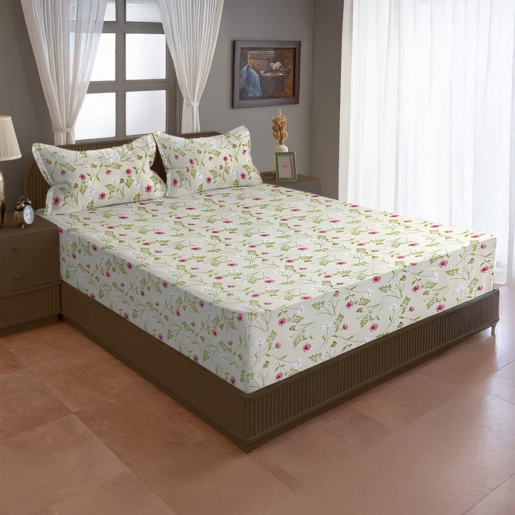 Brown Botanical Printed Microfiber Double Queen Bedsheet with Pillow cover