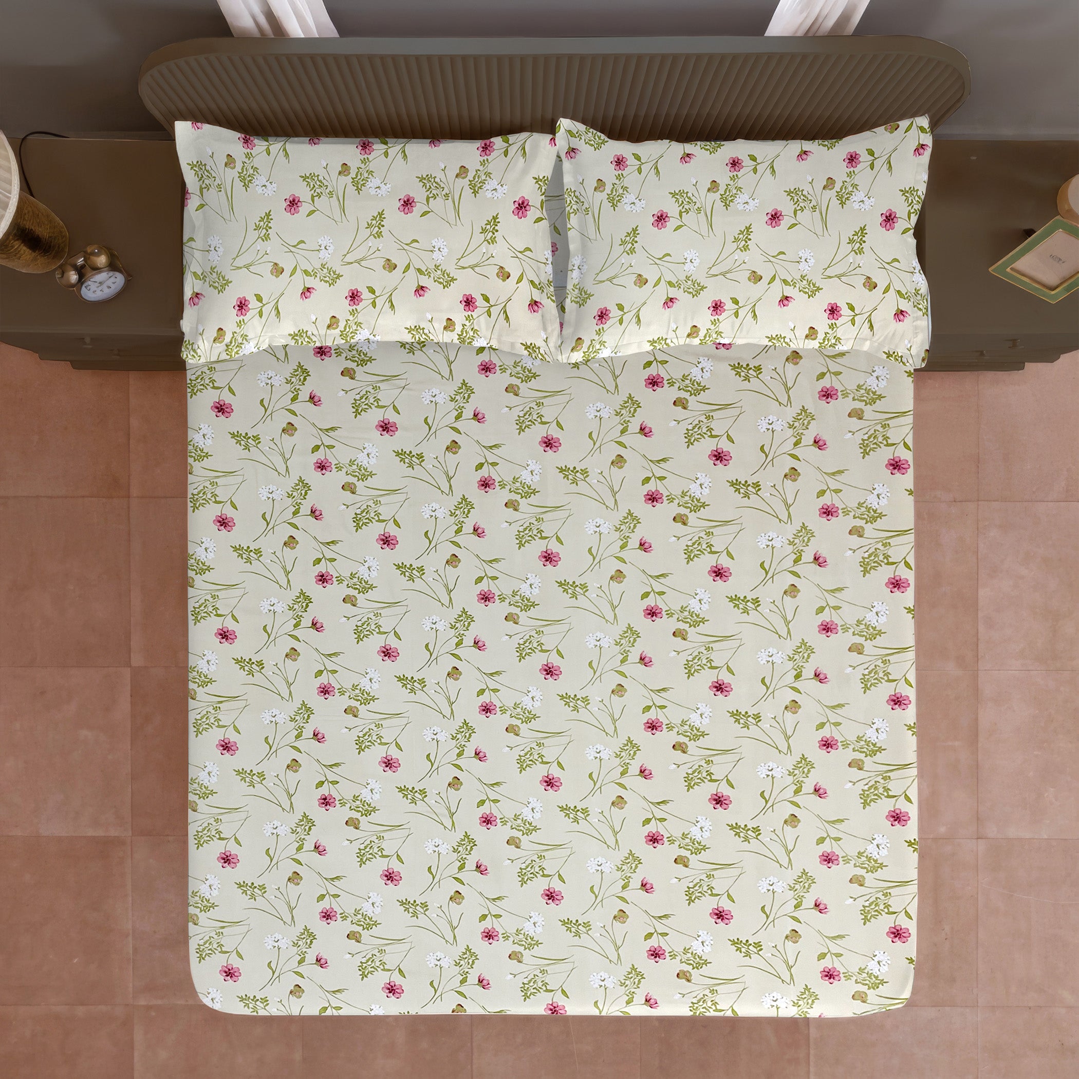 Brown Botanical Printed Microfiber Double Queen Bedsheet with Pillow cover
