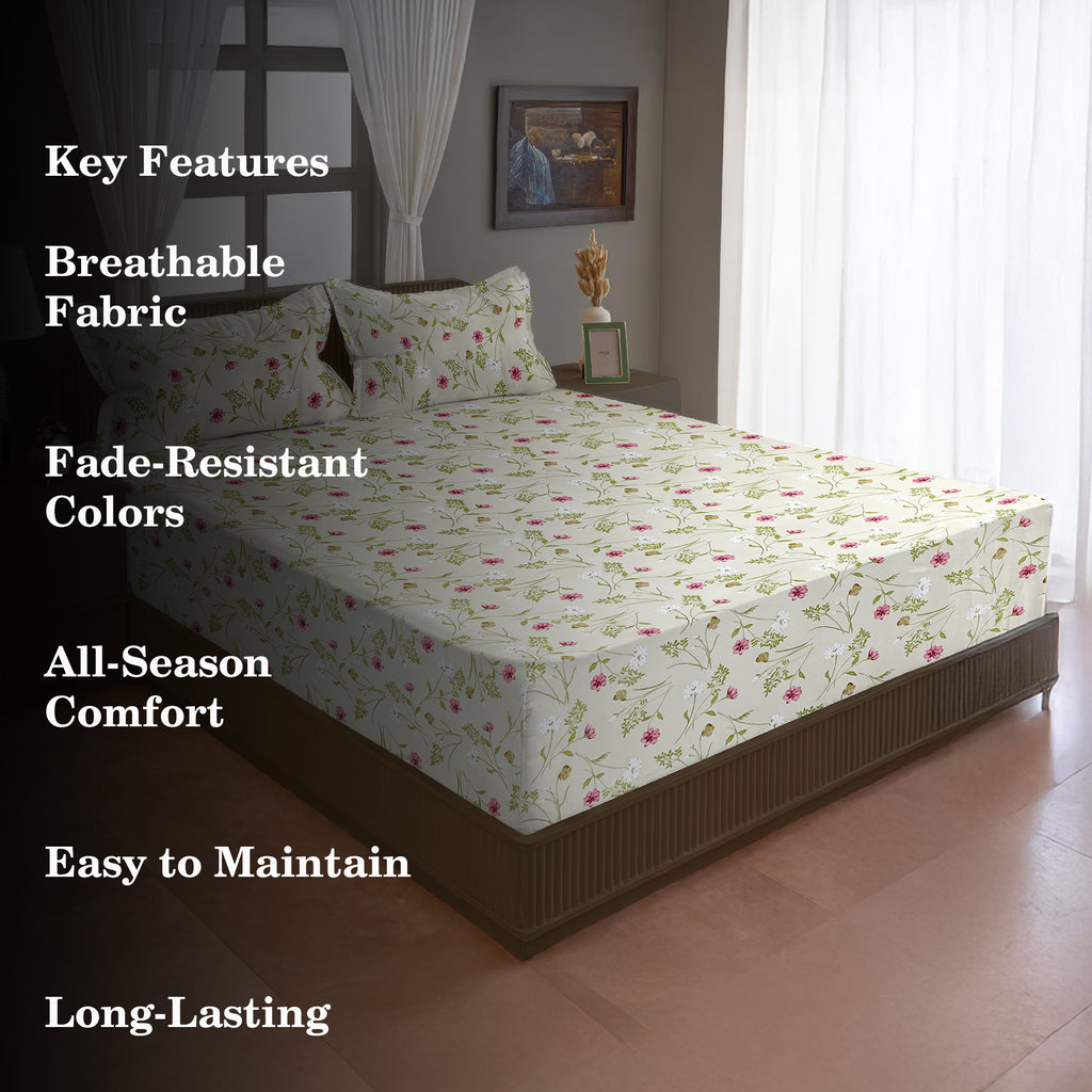 Brown Botanical Printed Microfiber Double Queen Bedsheet with Pillow cover