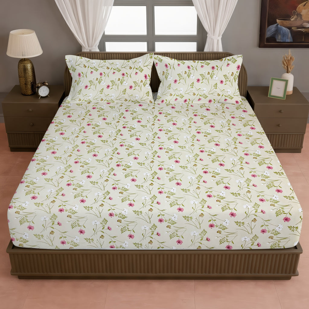 Brown Botanical Printed Microfiber Double Queen Bedsheet with Pillow cover