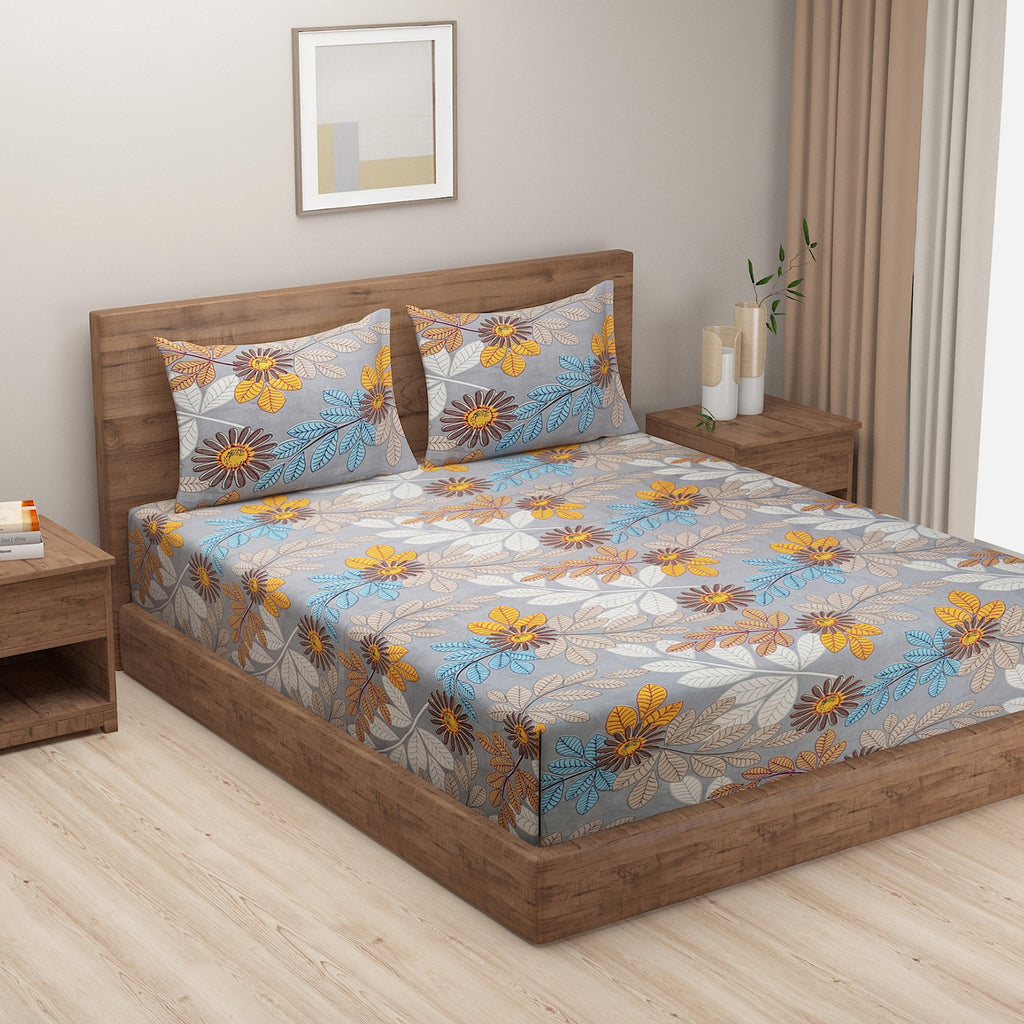 Blended Cotton Double Queen Bedsheet with Pillow cover - Grey Floral Elegance