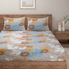 Blended Cotton Double Queen Bedsheet with Pillow cover - Grey Floral Elegance