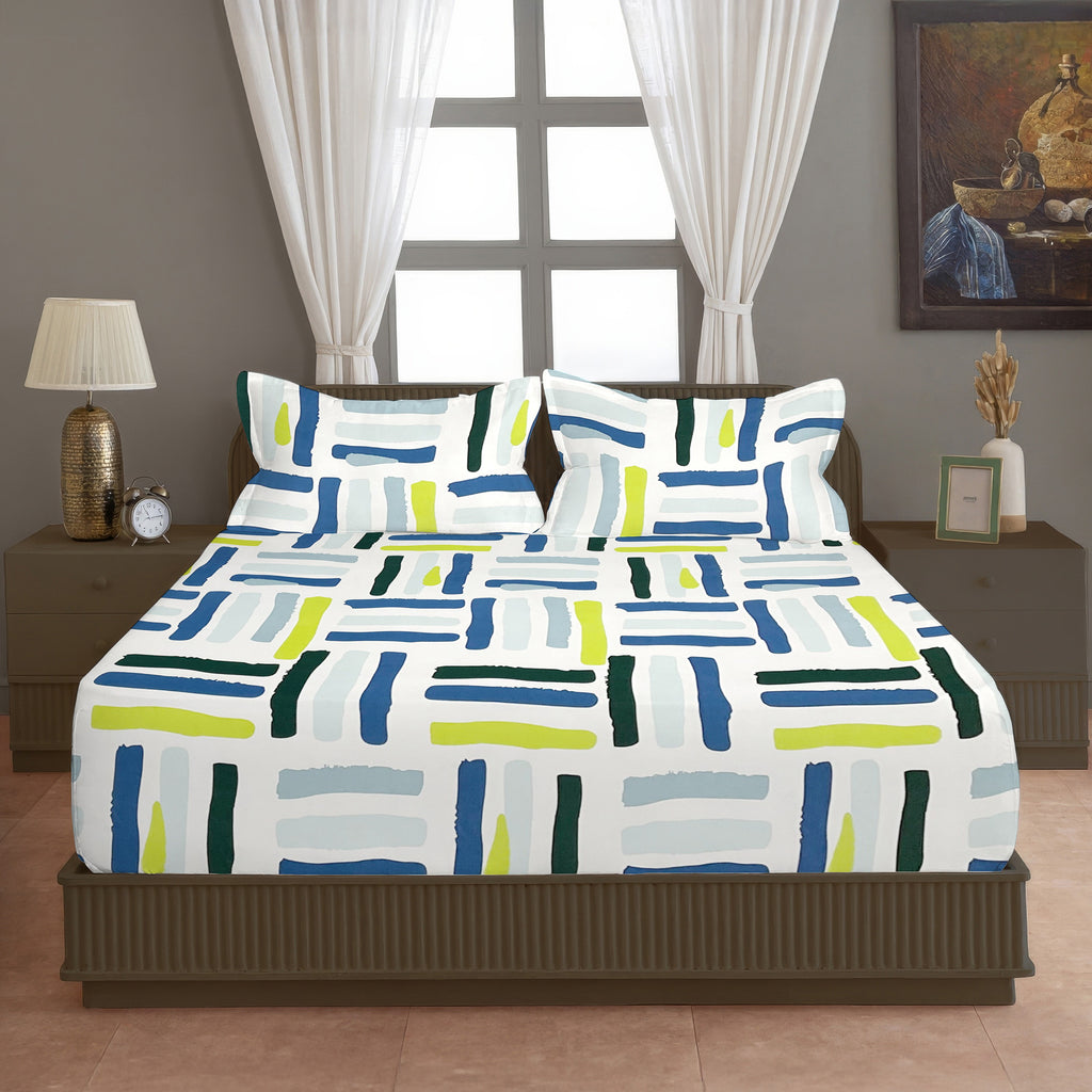 White Brush Stroke Printed Microfiber Double Queen Bedsheet with Pillow cover