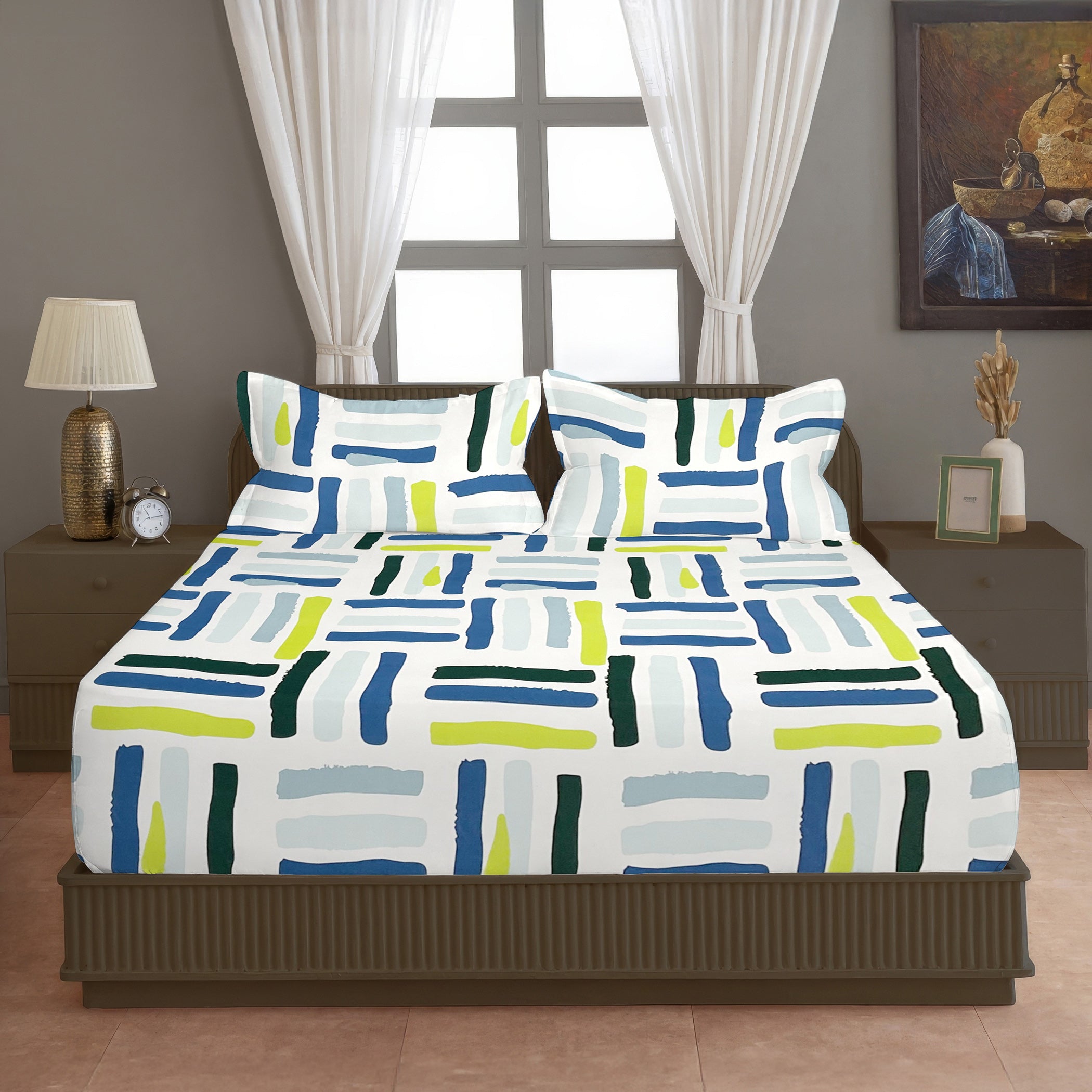 White Brush Stroke Printed Microfiber Double Queen Bedsheet with Pillow cover