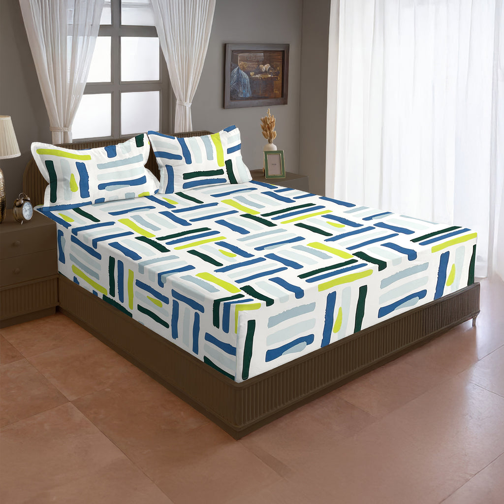 White Brush Stroke Printed Microfiber Double Queen Bedsheet with Pillow cover