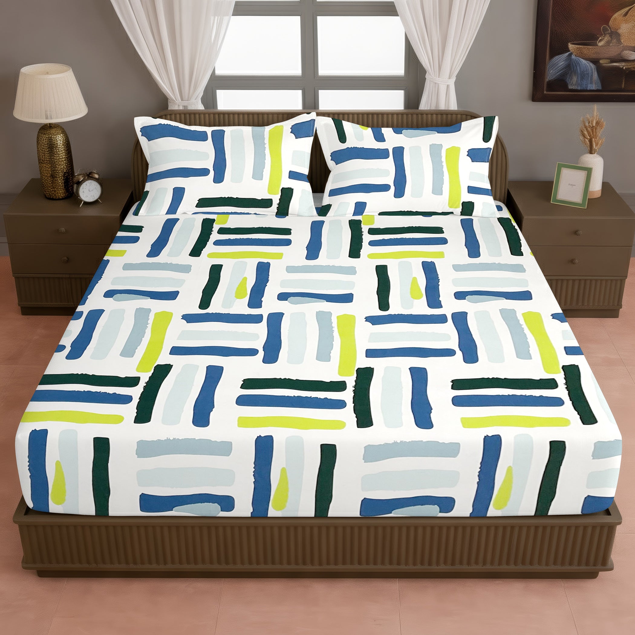 White Brush Stroke Printed Microfiber Double Queen Bedsheet with Pillow cover