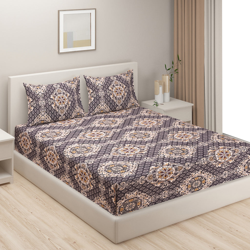 Blended Cotton Double Queen Bedsheet with Pillow cover - Brown Medallion Design