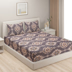 Blended Cotton Double Queen Bedsheet with Pillow cover - Brown Medallion Design