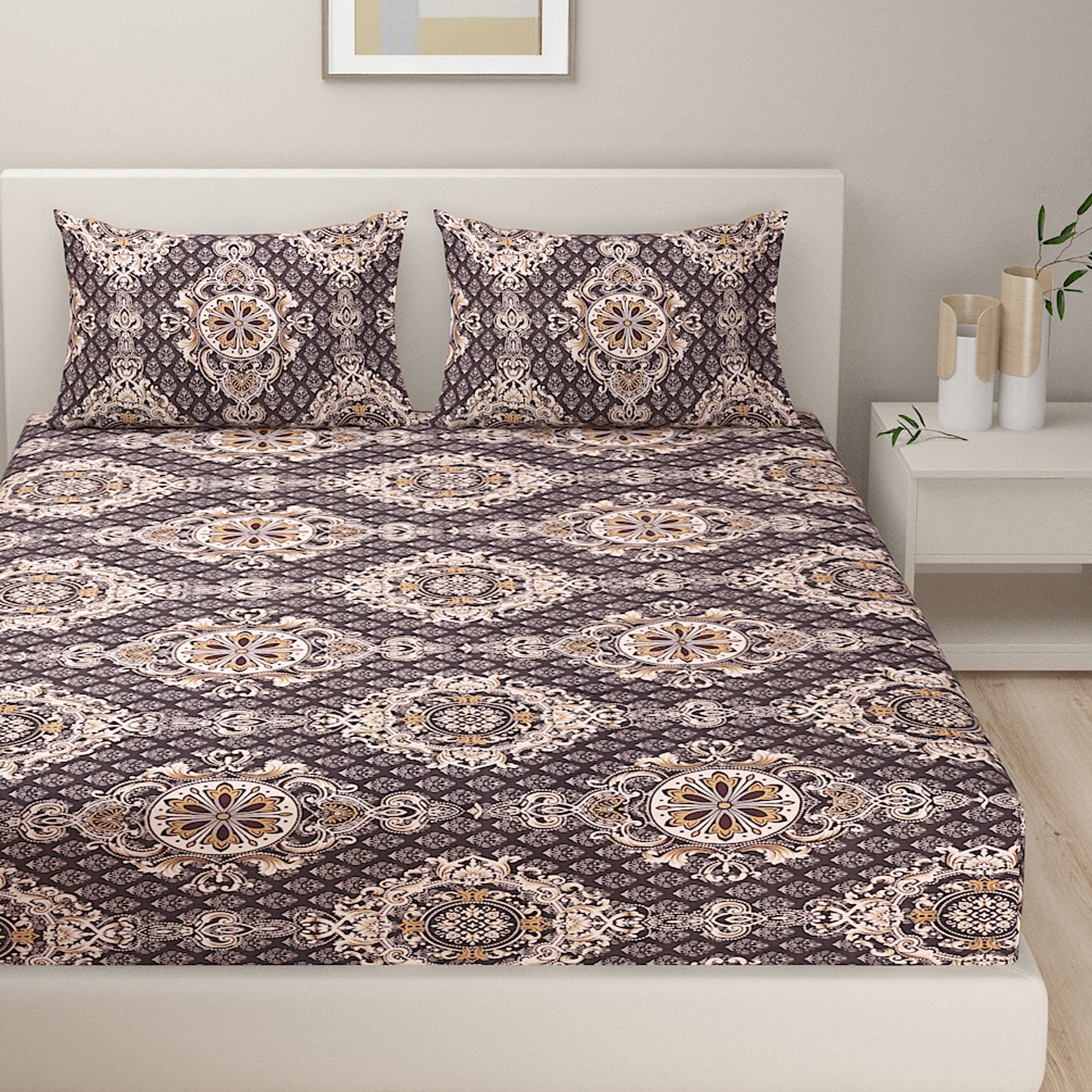Blended Cotton Double Queen Bedsheet with Pillow cover - Brown Medallion Design