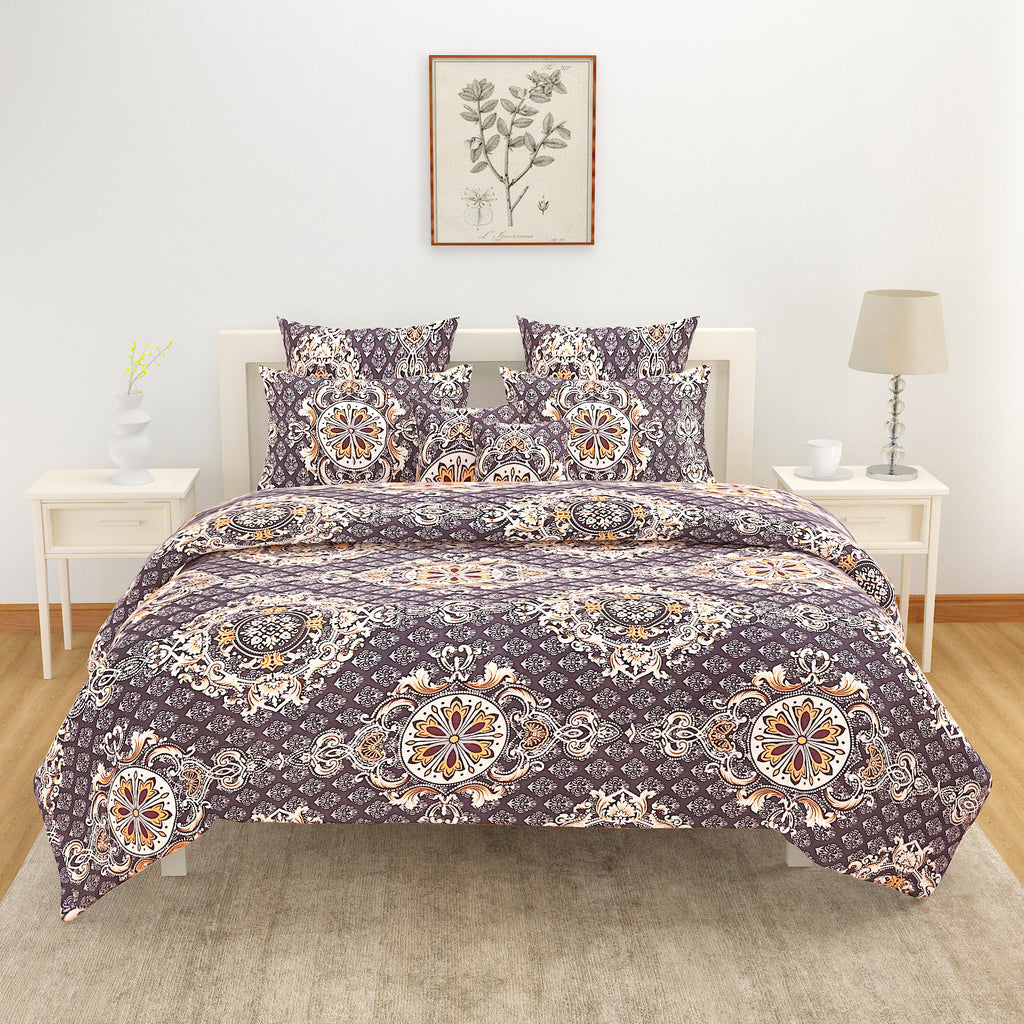 Blended Cotton Double Queen Bedsheet with Pillow cover - Brown Medallion Design