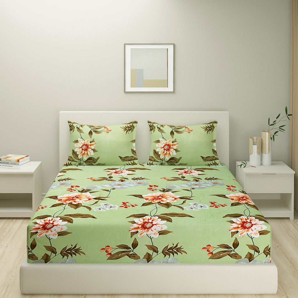 Blended Cotton Double Queen Bedsheet with Pillow cover - Floral Design, Green