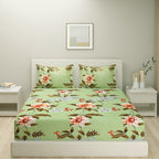 Blended Cotton Double Queen Bedsheet with Pillow cover - Floral Design, Green